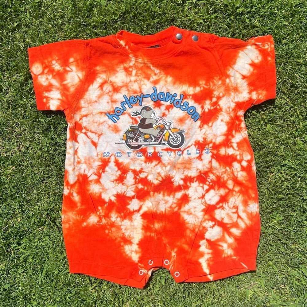 Y2K Harley-Davidson Tie Dye Baby Romper Motorcycle Bear Orange White 24 Mo GUC